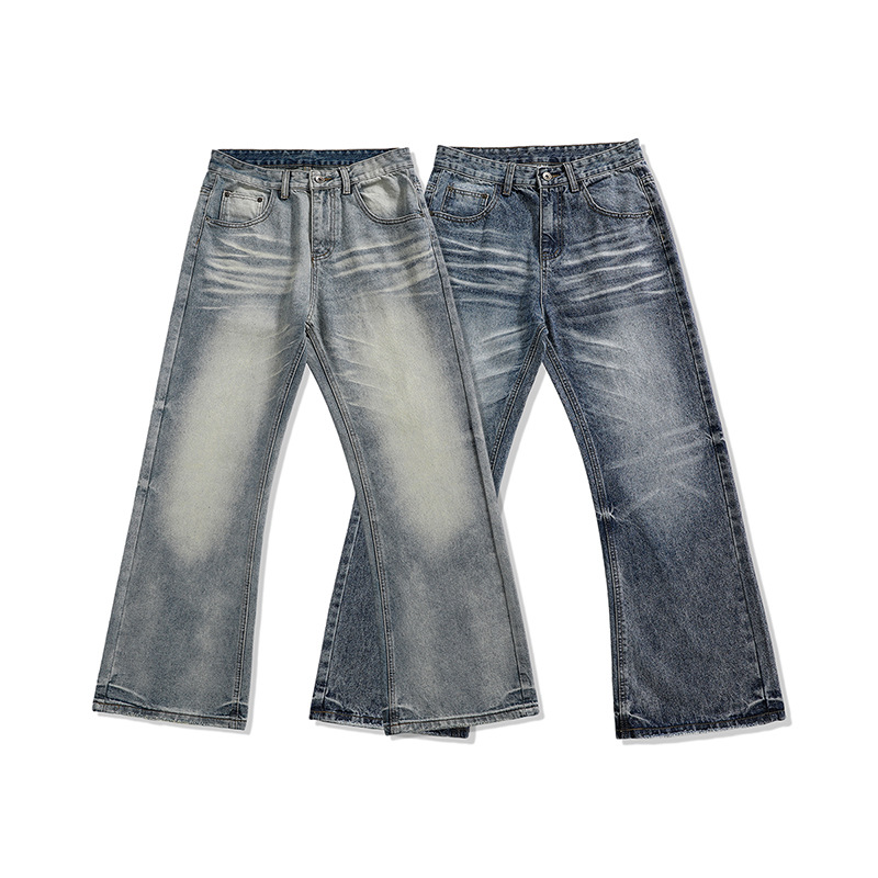 American street style wide-leg flared jeans, unisex, unisex, trendy export brand, ripped jeans.