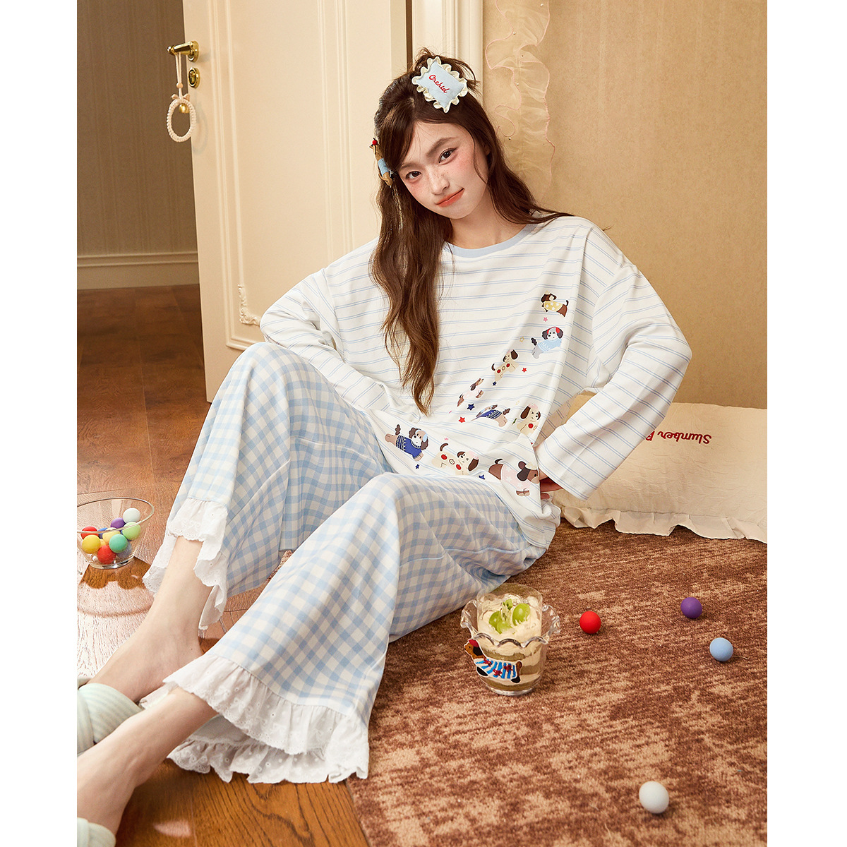 润妈【轻柔软】巴迪小狗睡衣女春秋纯棉长袖卡通腊肠狗家居服套装