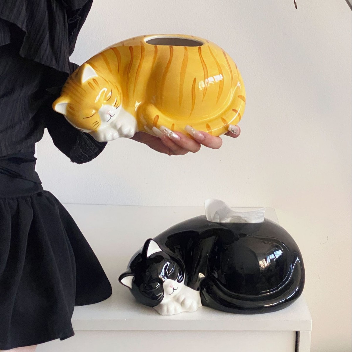 猫のティッシュの箱の陶磁器は紙の箱の玄関を引き出して家に入ります。