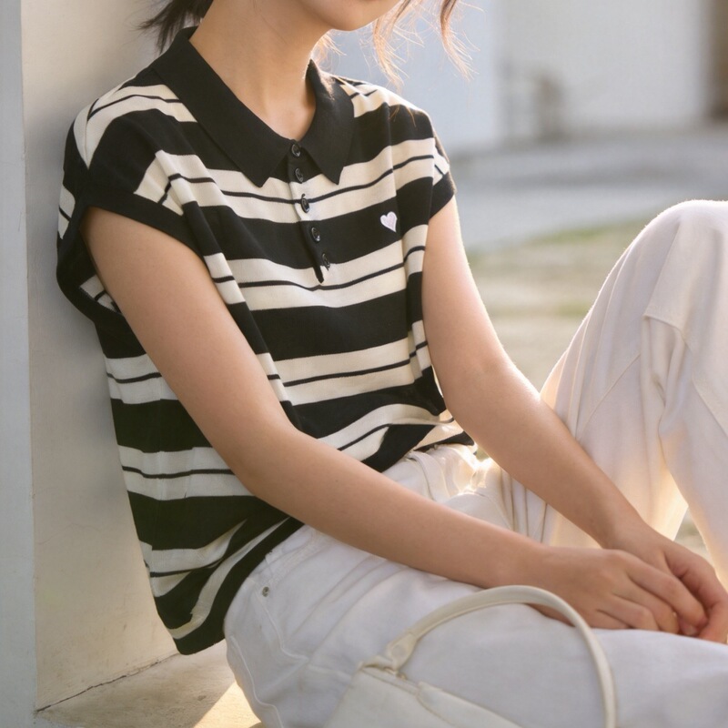 High-End Lyocell Tencel 2026 New Striped Polo Collar Knit Shirt T-Shirt Short-Sleeved Loose Navy Style Top
