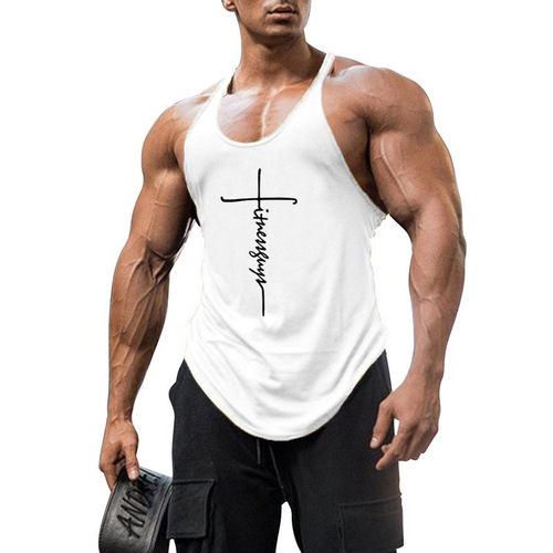 Stylish professional pure-cotton bodybuilding fitness vest with deep 1cm-cutout design and delicate thin shoulder straps—perfect for muscular men who love sports.