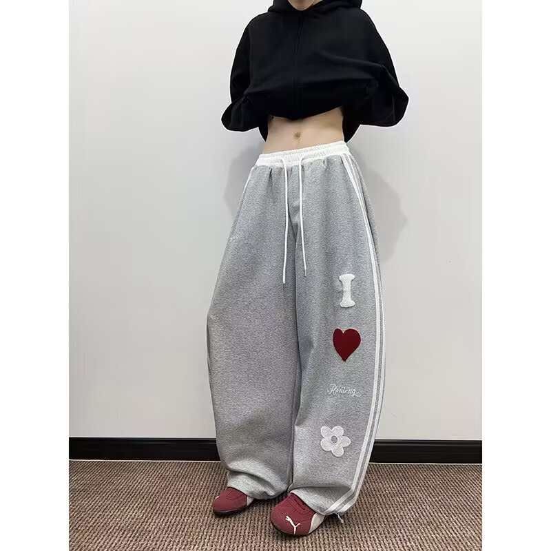 American-Style Striped Silhouette Casual Sweatpants for Men with Heavy Design Letter Heart Street Dance Wide-Leg Couple Sports Long Pants