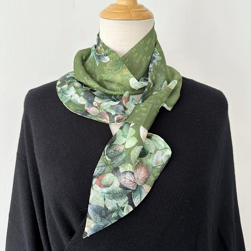 Bufanda de seda larga floral para las mujeres primavera y otoño estilo coreano versátil de alto grado fresco artístico perezoso cuello protección del oído bufanda