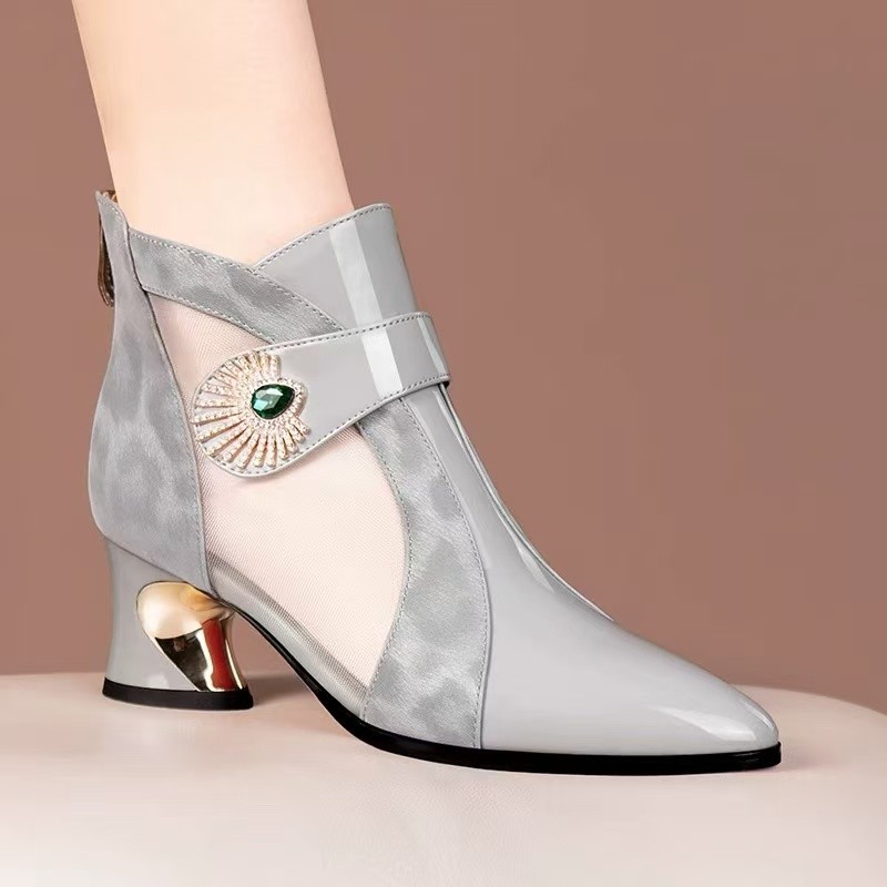 2025 Spring/Summer New Fashion Mesh Boots Hollow Mesh Sandals Chunky Heel Fashion Versatile Women's Sandals Cross-Border Trade