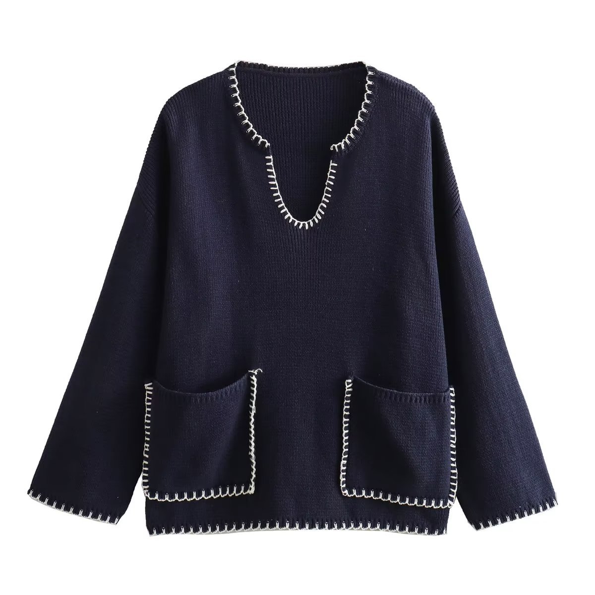 Women's 2023 autumn new item niche design V-neck decorative knitted sweater with stitching_voghion.com