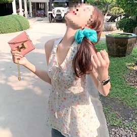 韩系碎花领挂脖吊带背心女外穿夏季新款收腰无袖气质显瘦上衣潮