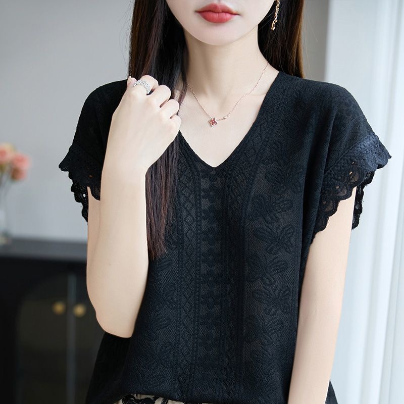 Áo thun nữ cổ V ngắn tay dệt kim Jacquemard phong cách Pháp, form rộng suông che khuyết điểm — 965 # Khí chất đen [chất lượng cao] Nhẹ và thoáng khí, 965 # ánh trăng trắng [chất lượng cao] rộng rãi gầy chi tiết 10