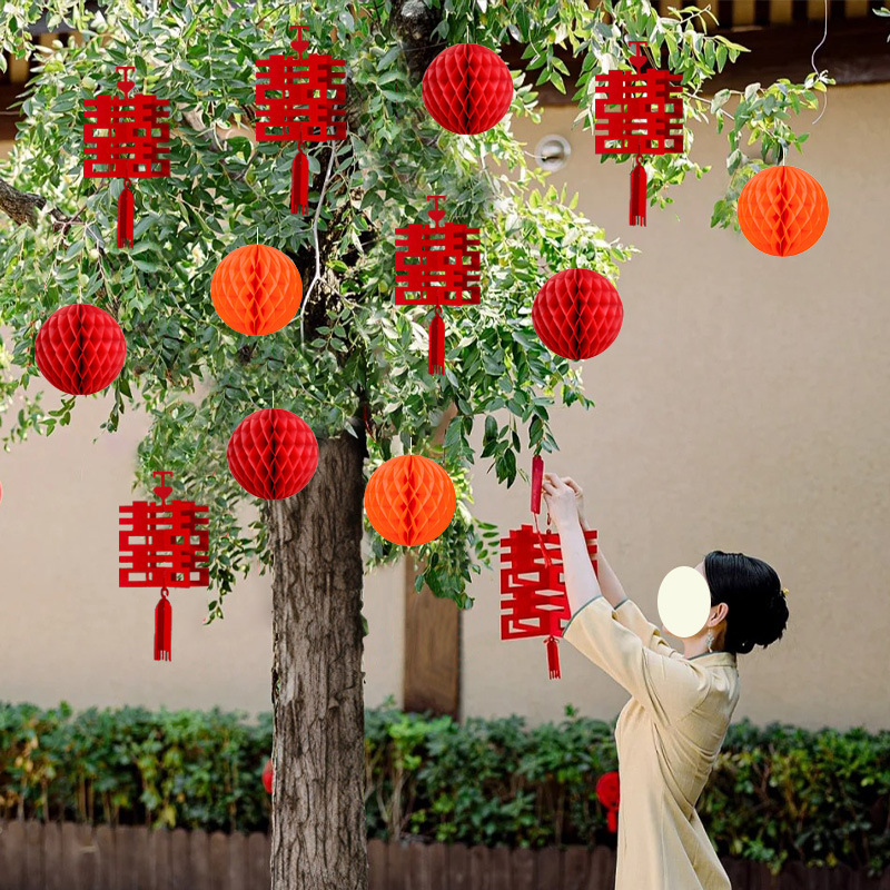 Rural Yard Tree Lantern Arrangement Decoration Happy Character Hanging Decoration New House Pendant Small Courtyard Festive Supplies Outdoor Green Planting