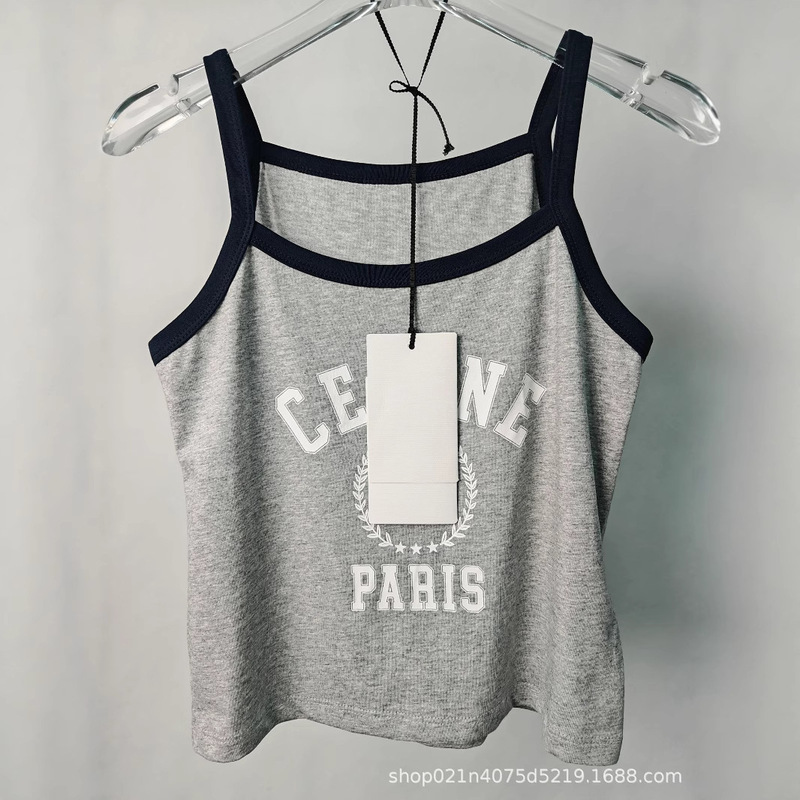 Ce25 Arc De Triomphe Letter Print Camisole Women's Short Slim-Fit Sleeveless Top That Can Be Worn Outside with an Open Back
