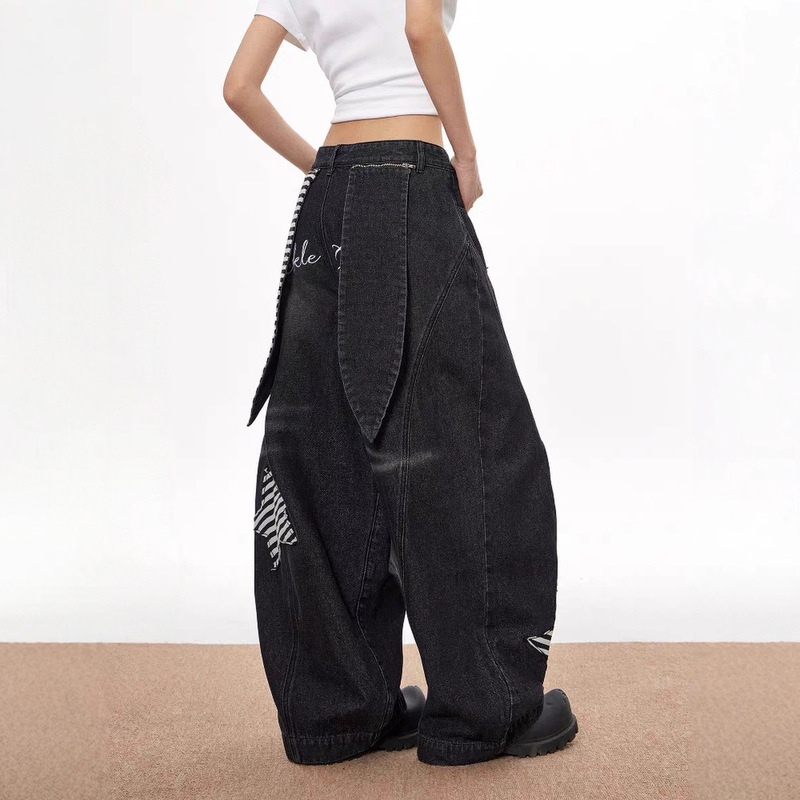 梁拌泡菜 1美式hiphop牛仔裤设计感弯刀裤宽松阔腿跳舞兔子裤子女|undefined