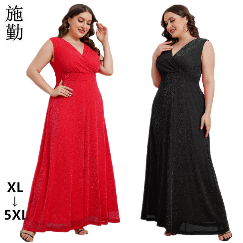 Amazon Plus-Size Women's Clothing Summer New Sleeveless V-Neck Dress Long Gown Clearance Sale in Stock