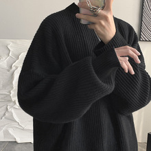 春秋款圆领毛衣男日系宽松慵懒针织衫港风潮流冬季加厚纯色毛线衣