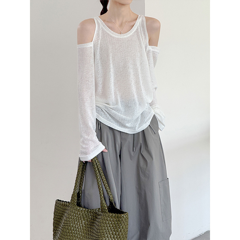 Yuge Summer New Korean-Style Knitted Sun-Protective Thin Design Loose Linen Long-Sleeve Off-Shoulder Top 26133