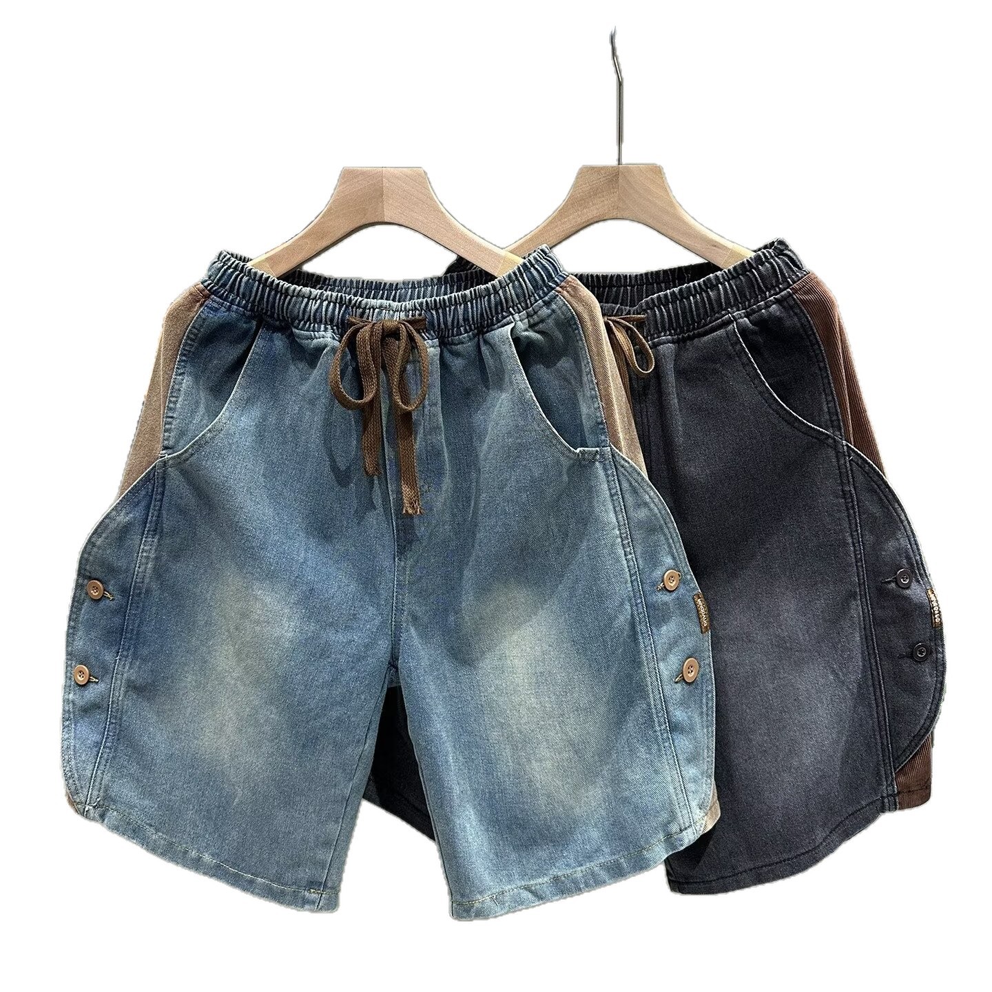 Men's Retro Distressed Denim Shorts Summer Casual Loose Fit Color Block Five Point Drawstring Elastic Waist Plus Size Mid-Length_mkmklike.com