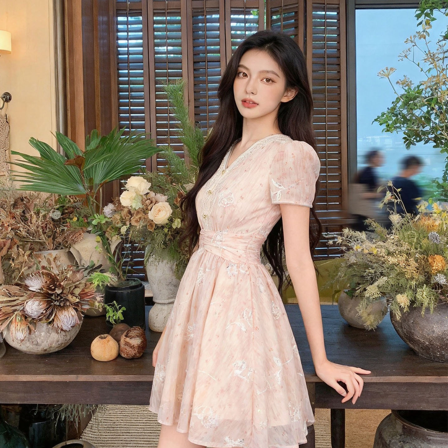 Đầm cổ V tay ngắn thêu hoa thắt eo xòe nhẹ phong cách tiên nữ — Phấn Giai Nhân