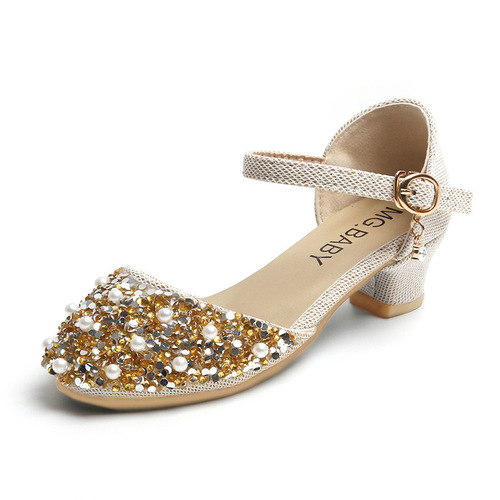  Spring New Girls' Diamond Princess Small Leather Shoes Student Pearl Monosole for Older Children Dance Shoes Fashion