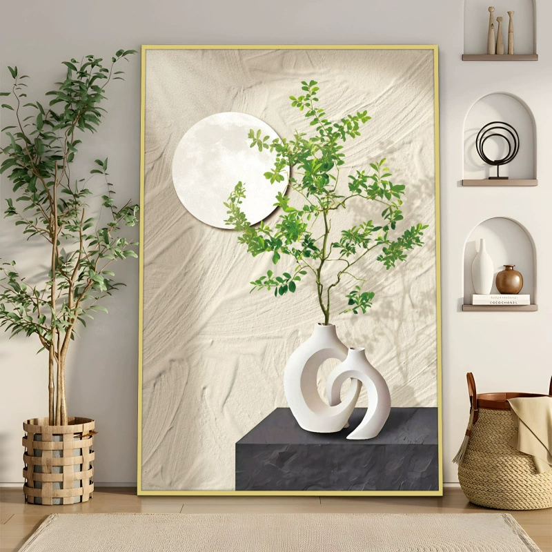 Декоративная картина в скандинавском кремовом стиле, картина от пола до потолка в конце коридора, зеленые растения, подвесная картина в гостиной, ваза 80120