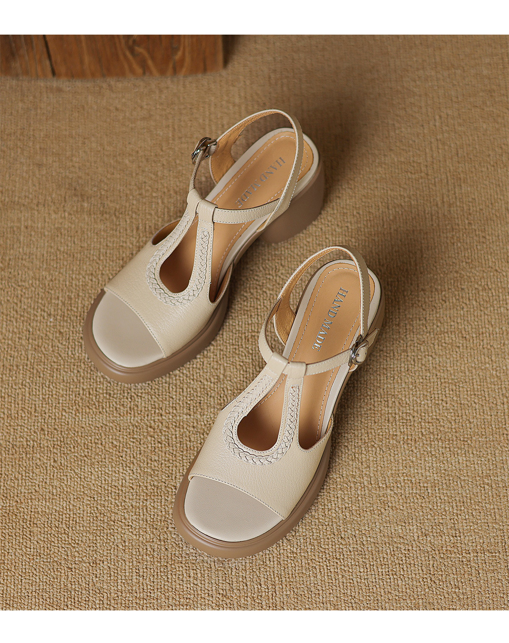 Sandal cao gót nữ phong cách La Mã, gót 8 cm, đế dày, da cừu mềm — Màu trắng be chi tiết 16