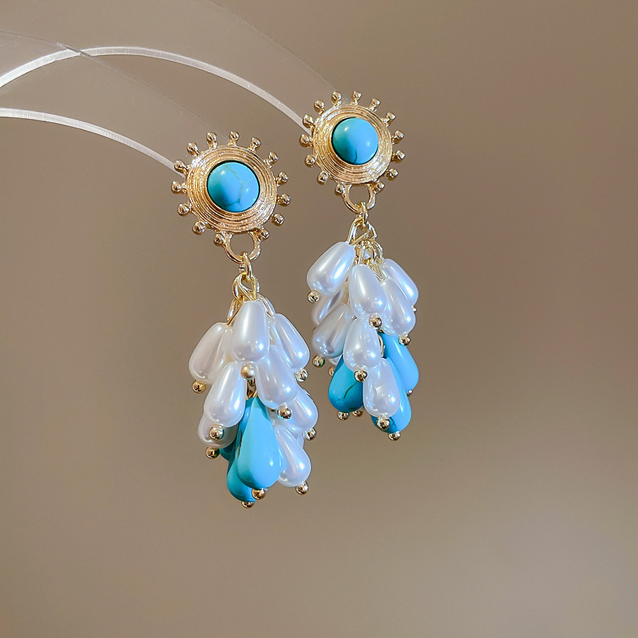 Pendientes de borla de cuentas de arroz de flor de gasa de aguja de plata Pendientes de todo fósforo de estilo de vacaciones Pendientes frescos y dulces para mujer