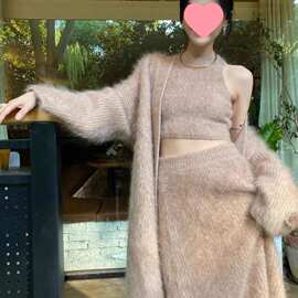 仿貂三件套装女韩系慵懒风性感中长款毛衣外套背心裙,网红新