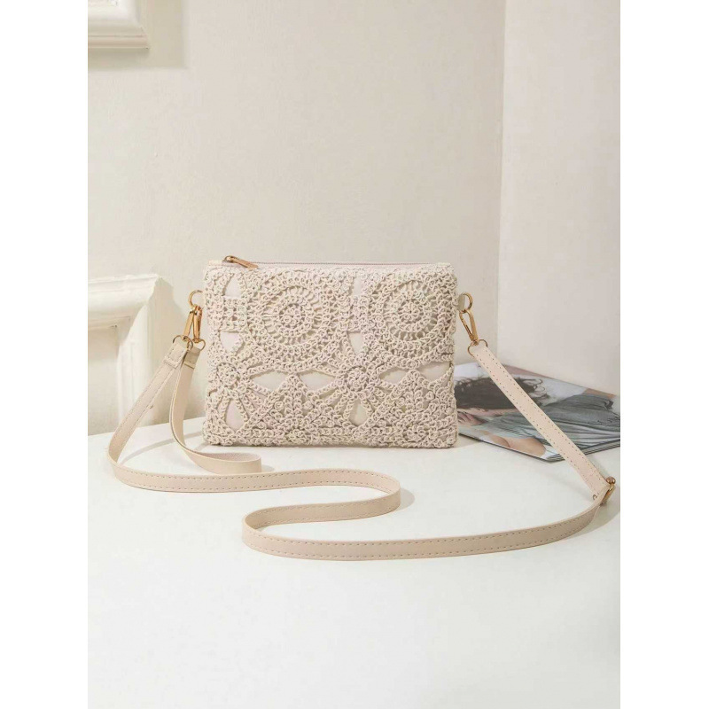 Bolsas de paja casuales coreanas, bolsas de mujer retro de playa, bolsas huecas, nuevas flores de moda de un solo hombro, bolsas de ganchillo.