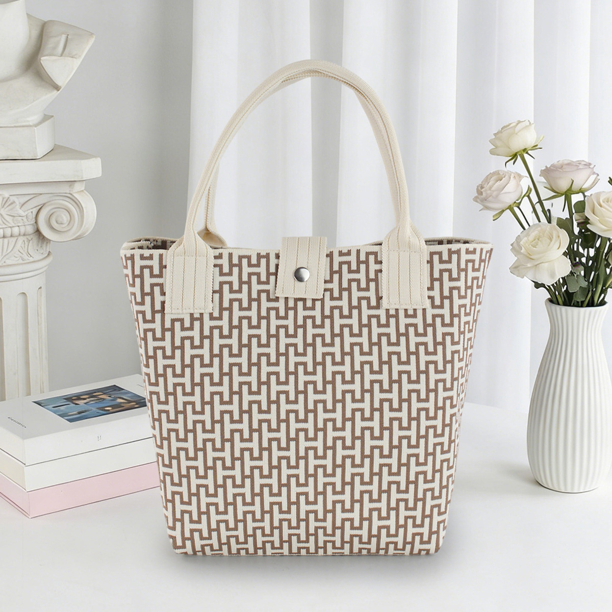 Bolso de tejido coreano de gran capacidad de transporte de moda de mil pájaros bolsos de mano casuales versátiles bolsos de bento image 8