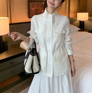 预售老钱风春夏新款1OO亚麻工装外套女立体四口袋夹克