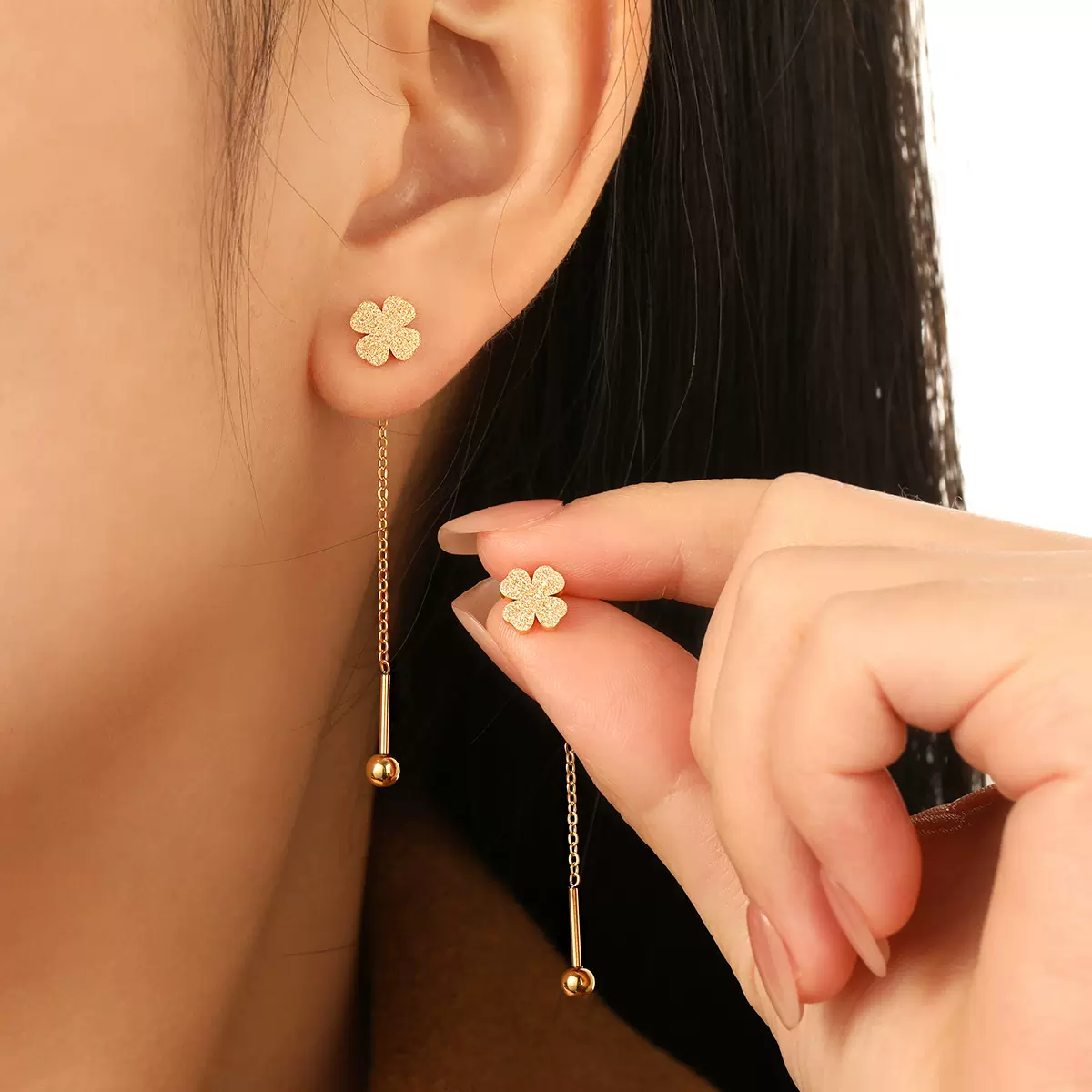 新款磨砂爱心组合四叶草耳线女气质圆脸显瘦长款钛钢耳环流苏耳饰