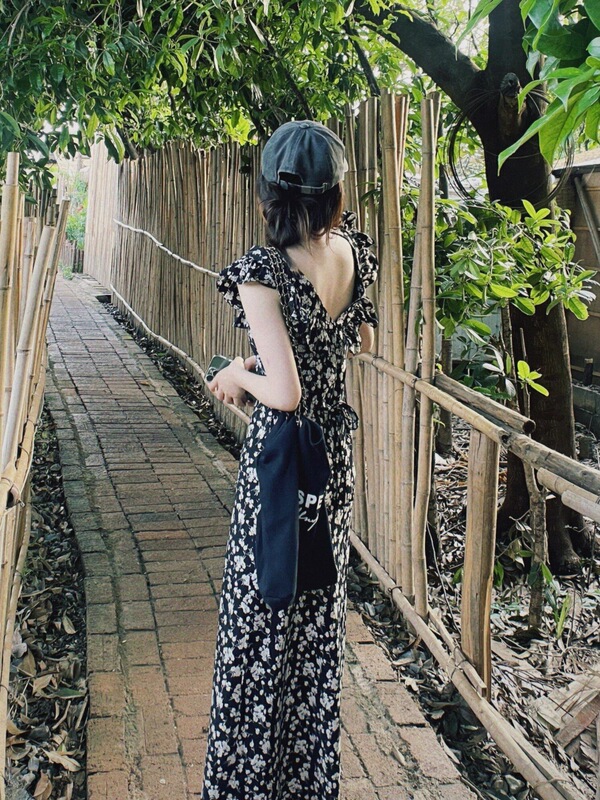 Long Black Floral Waist-Cinching Dress for Tall Women, Ankle-Length, with Rose Island Ruffles, Slimming Long Dress Long Black Floral Waist-Cinching Dress for Tall Women, Ankle-Length, with Rose Island Ruffles, Slimming Long Dress