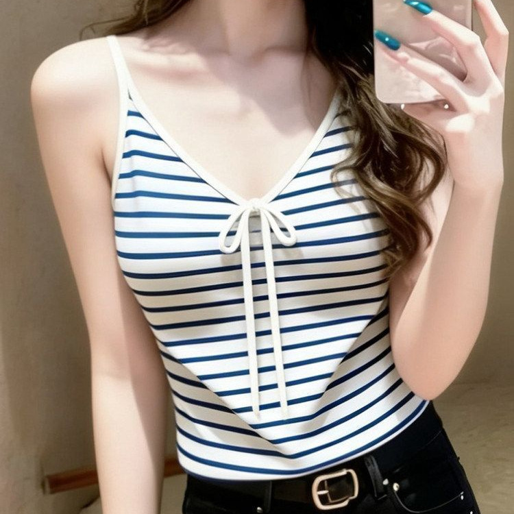 Chic design blue striped tie-neck V-neck sleeveless camisole for women, new stylish slim-fit top for summer Chic design blue striped tie-neck V-neck sleeveless camisole for women, new stylish slim-fit top for summer