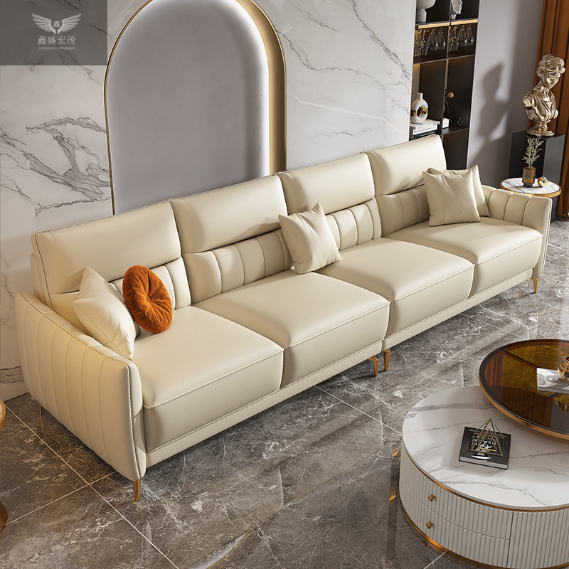 Nuevo sofá de cuero minimalista italiano, primera capa de piel de vaca, sala de estar minimalista moderna, apartamento pequeño, combinación en línea recta