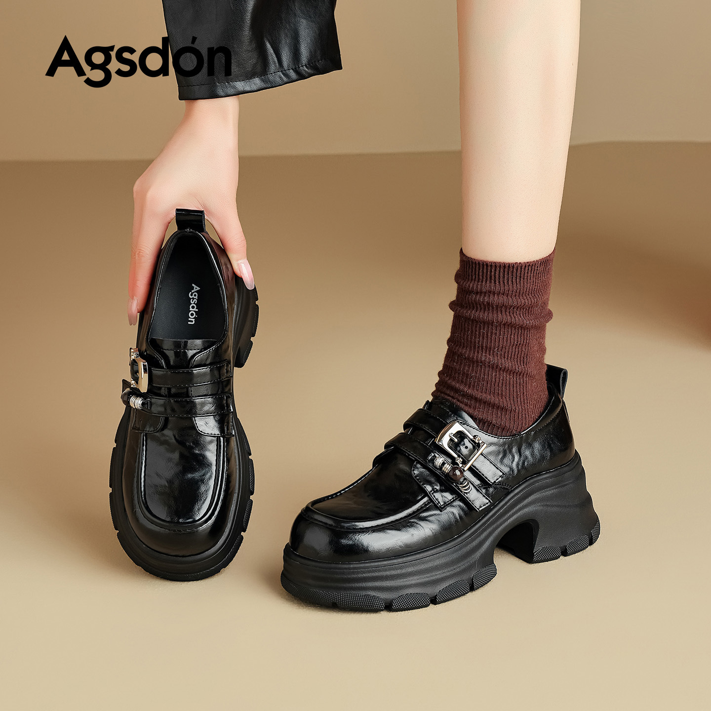 Augu ShiDeng zapatos Lefour de suela gruesa para mujeres 2026 primavera nuevo no cansado zapatos de pie único de viaje negro zapatos de cuero británicos pequeños