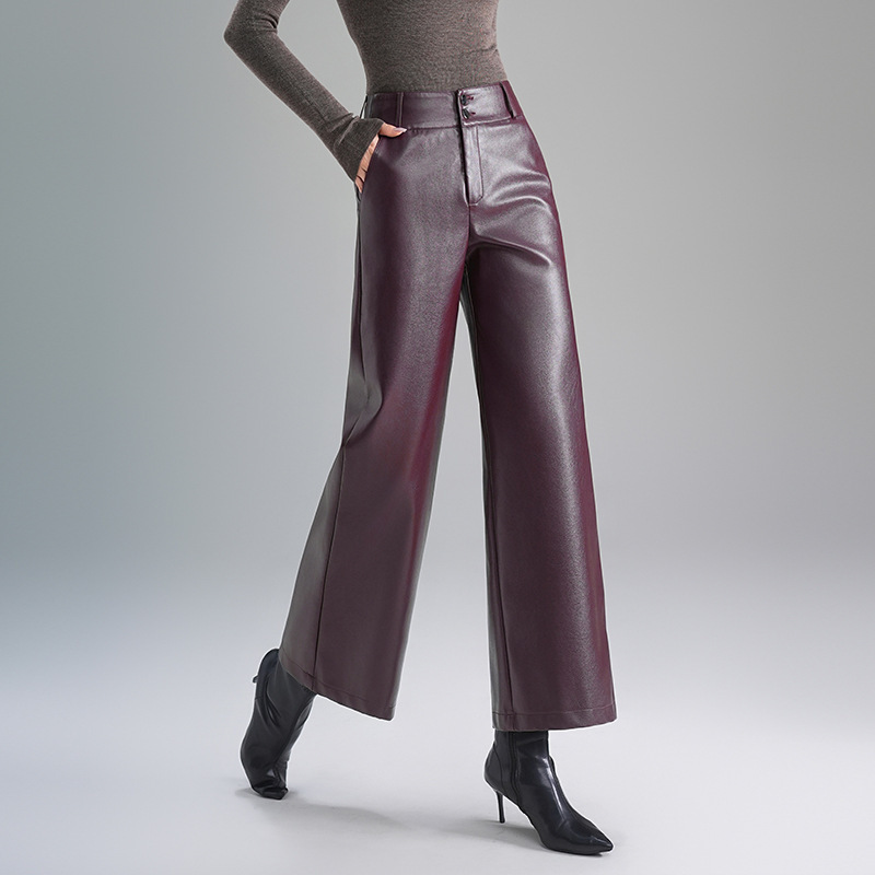 2025 Autumn and Winter New Style Sheepskin Leather Pants for Women High Waist Casual Loose Draped Straight Wide Leg Leather Pants Nine-Point Pants for Women