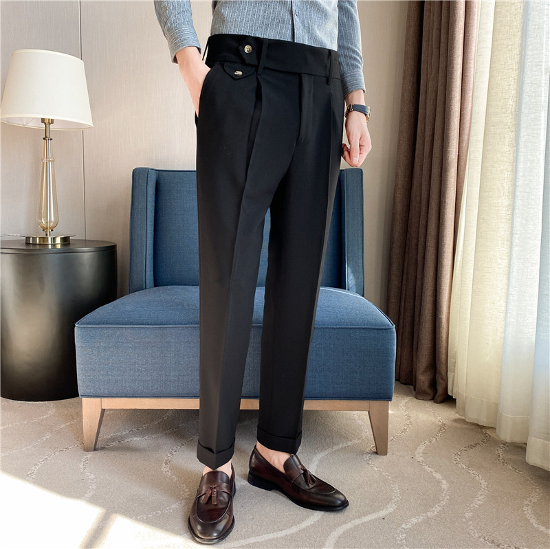 Pantalones de traje de los hombres naples italianos pantalones de cintura alta pantalones de los hombres de otoño e invierno teñido de hilo oscuro a rayas de calidad pantalones casuales