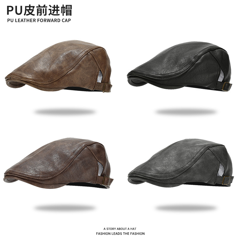 帽子秋冬美式皮质前进帽男复古画家帽时尚百搭贝雷帽女文艺鸭舌帽