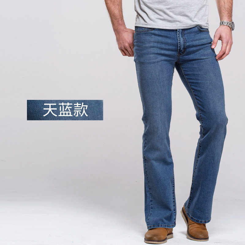 男士喇叭裤时尚微喇叭牛仔裤男款中腰微弹力修身长裤天蓝深蓝潮黑|undefined