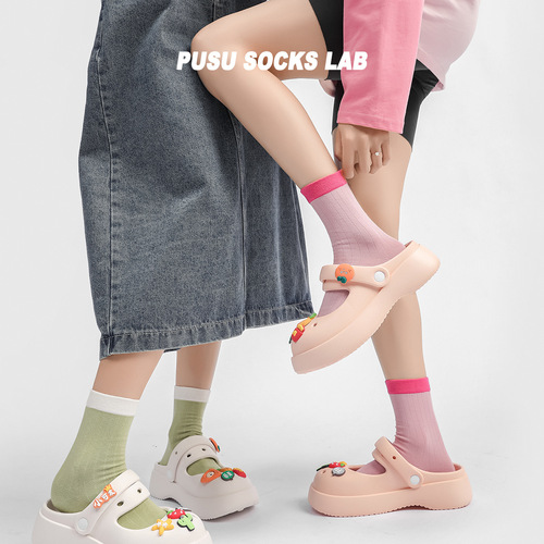 Japanese-style spring and summer color-blocked vertical strip crew socks, cotton, breathable, thin, drawstring, for women to match loafers and single shoes