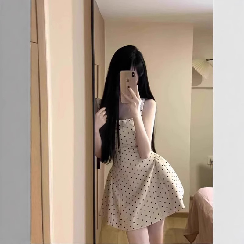 Celebrity Style Elegant Retro Wave Dot Vest dress Women's Summer Dummy Pleated Waist Slimming Skirt