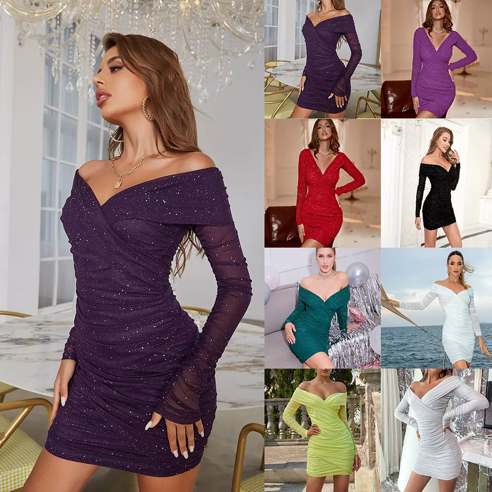 2022跨境欧美秋冬性感深V晚礼服 撒粉一字肩包臀裙辣妹长袖连衣裙