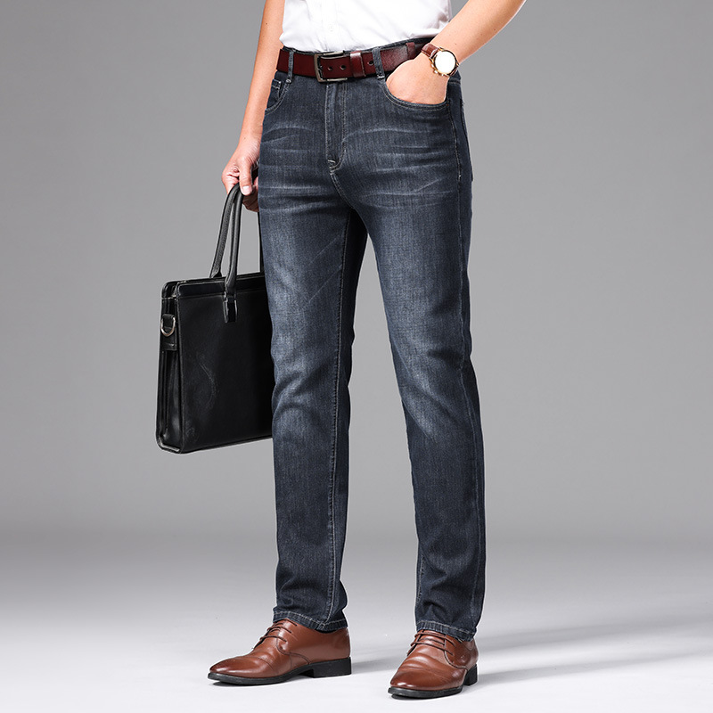 Cuatro Estaciones Nueva jeans stretch algodón regular transpirable simple hombres de negocios alta cintura suelta pantalones mezclilla recta