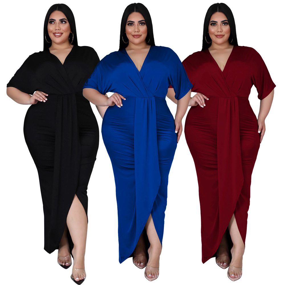 2022 primavera europea y americana nueva moda más el tamaño de las mujeres de comercio exterior sexy discoteca irregular split vestido con cuello en V