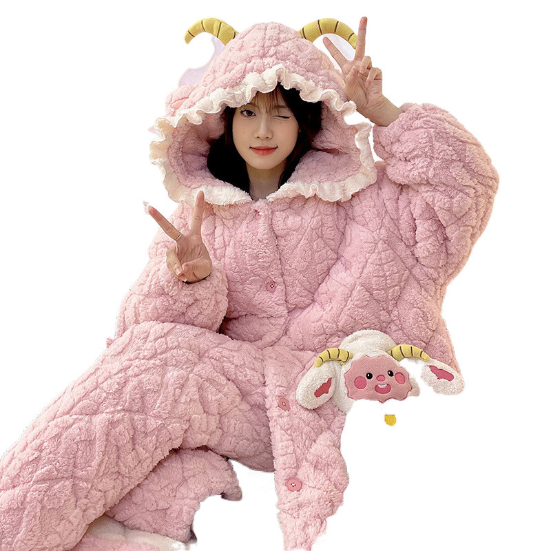 여성을위한 두꺼운 벨벳 3 층 퀼트 산호 벨벳 잠옷 가을, 겨울 긴 잠옷 후드 따뜻한 홈웨어 세트