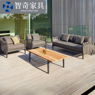 户外柚木沙发庭院花园露台防水防晒北欧休闲单人双人绳编家具组合