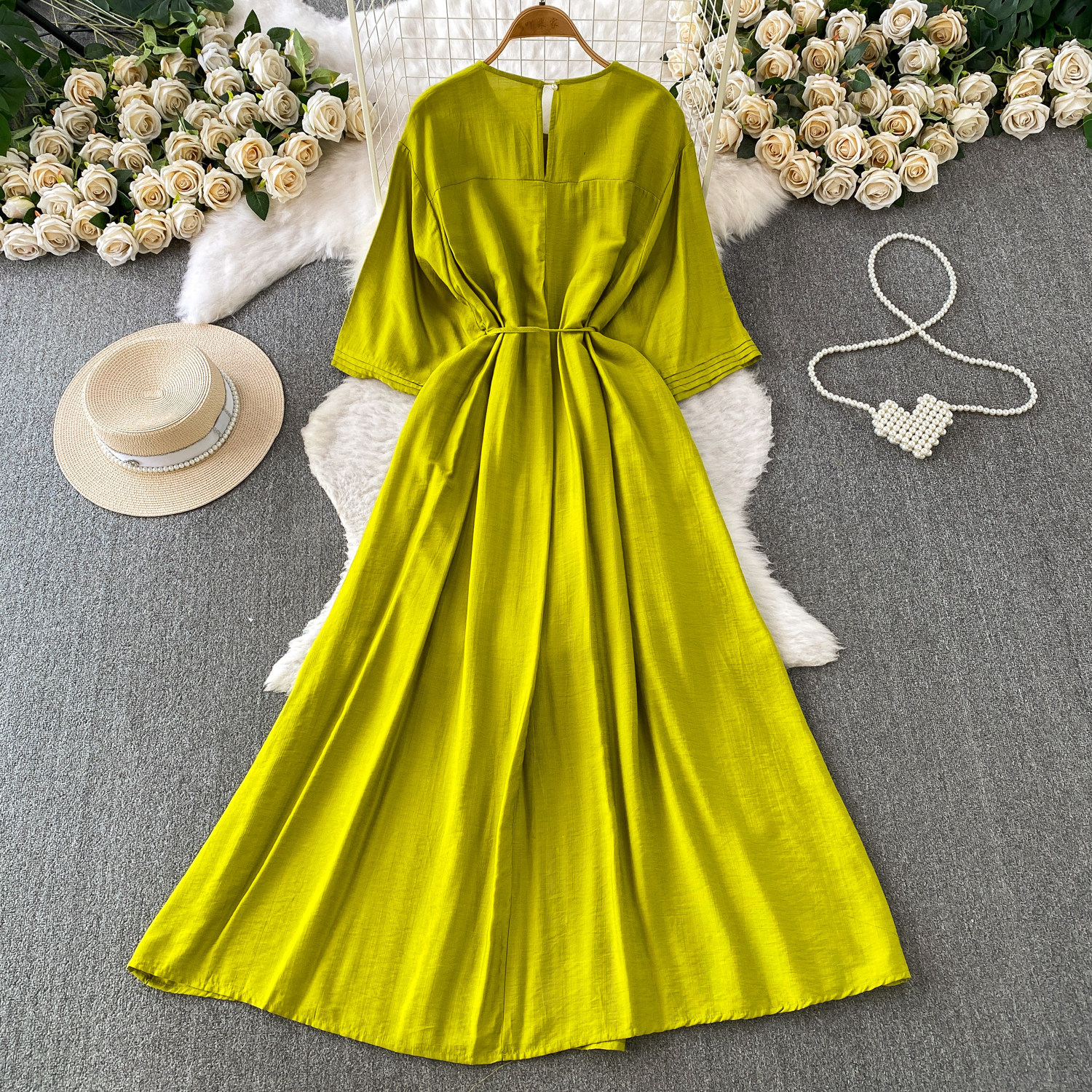 Elegant Pleated Round Neck Dress For Women Commuter Style Three Quarter Sleeve Slimming A-Line Long Skirt Casual Summer_ecoleips.com