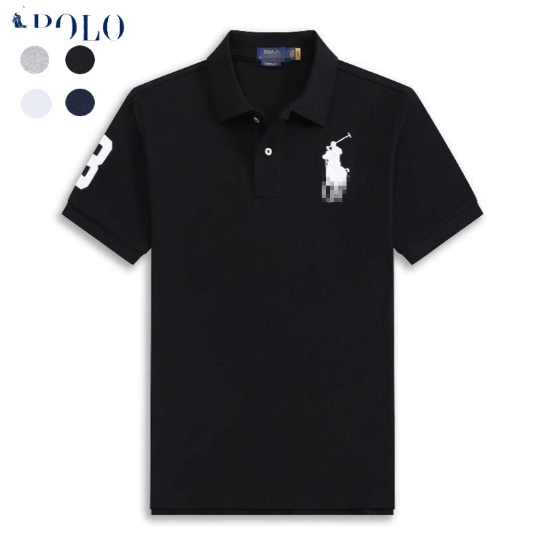 Cross-Border Pure Cotton Ralph Lauren Polo Shirt for Men with Embroidered Large Horse Logo, Turn-Down Collar, Short-Sleeve Summer Casual T-Shirt, Slim Fit
