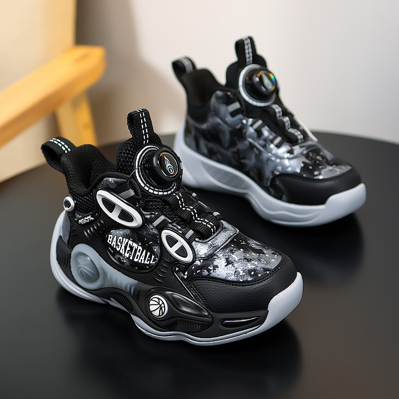 Fabricante explosión cool superficie de cuero antideslizante zapatos de baloncesto al aire libre de suela gruesa de combate real para niños giratorios zapatillas deportivas