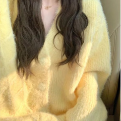 厂家直销温柔风软糯奶黄色毛衣外套女春秋2025新款宽松外搭马海毛