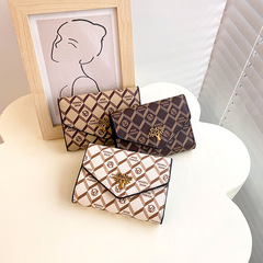 跨境新款小香風短款三折錢包菱格印花小錢包多卡位大容量零錢包潮