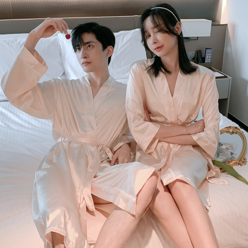 春秋季睡袍真丝情侣浴袍丝绸睡衣女睡裙夏季男长袖冰丝浴袍家居服
