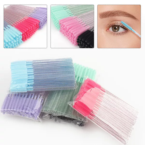 Silicone Eyelash Brushes with Shiny Handles, 50 Pieces, Colorful Eyelash Extension Tools, False Eyelash Grooming Brush, High-Quality Eyebrow Comb